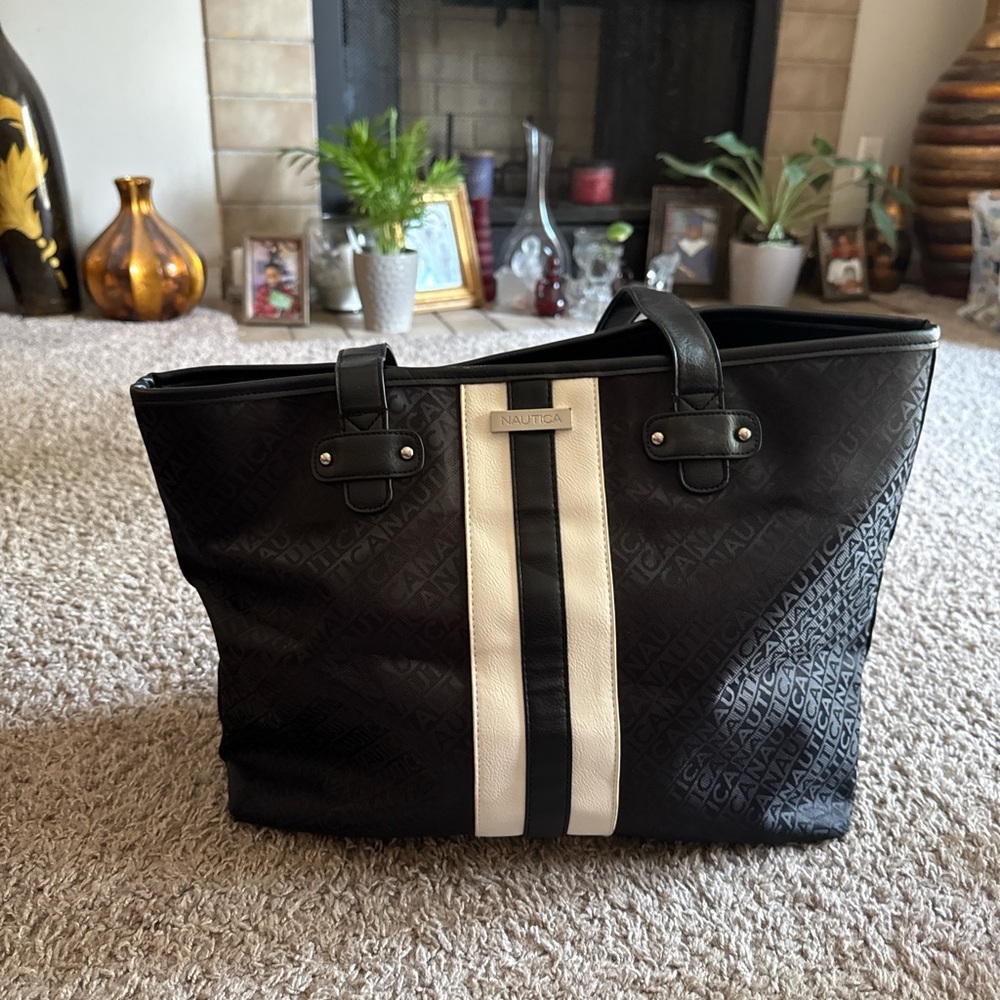 Nautica Black and White Duffel Bag with Sporty Stripes